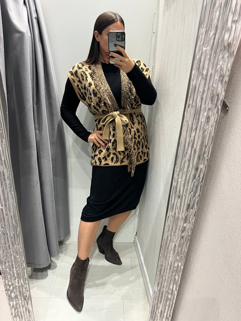 HaveOne•Cardigan smanicato maculato strass