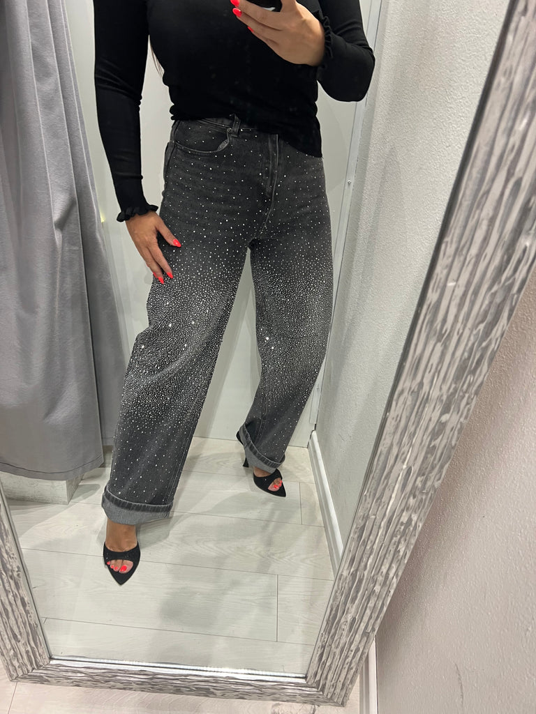 KONTATTO•Jeans worker nero slavato strass