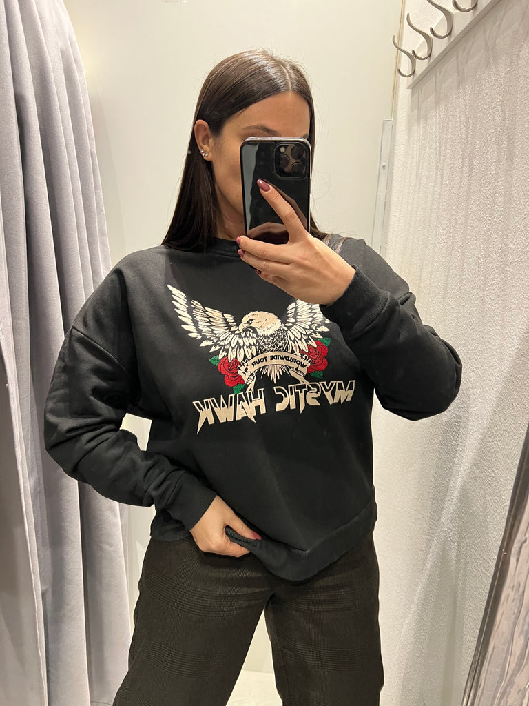 BLK30 HaveOne•Felpa garzata nera stampa aquila Mystic Hawk