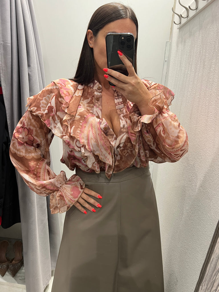 KONTATTO•Camicia rouches fantasia beige/malva