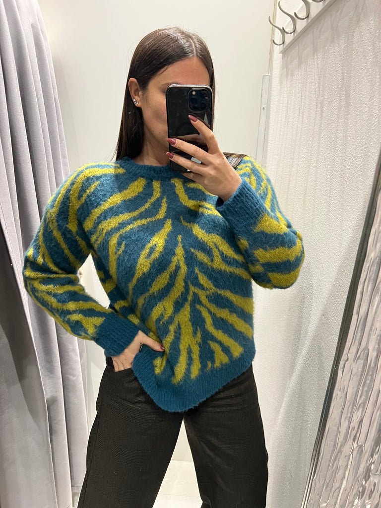 BLK30 HaveOne•Maglione stampa zebrata acido/turchese