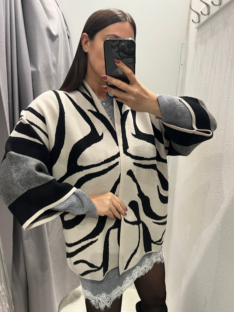 BLK30 Susy Star•Cardigan kimono stampa zebrata Burro/Nero