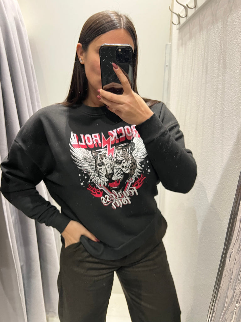 BLK30 HaveOne•Felpa garzata nera stampa leo Rock Roll