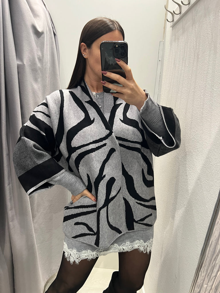 BLK30 Susy Star•Cardigan kimono stampa zebrata grigio/nero