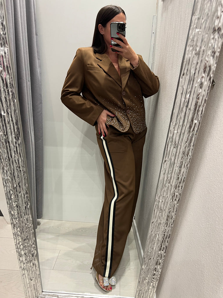 ViCOLO•Pantalone palazzo coulisse tabacco banda panna/nero