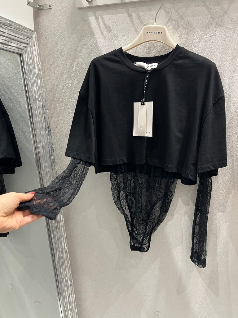 BLK30 HaveOne•Maglia t-shirt crop+body pizzo