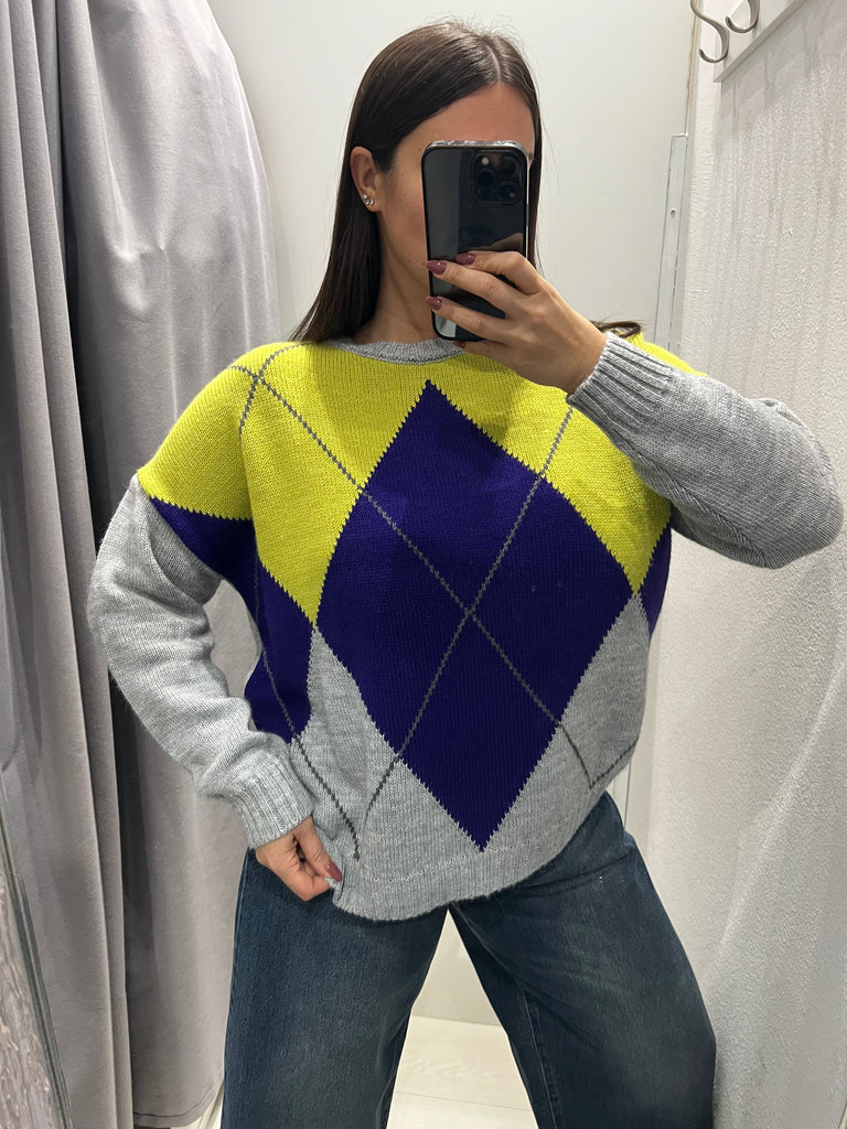 HaveOne•Maglione rombi grigio/viola/lime