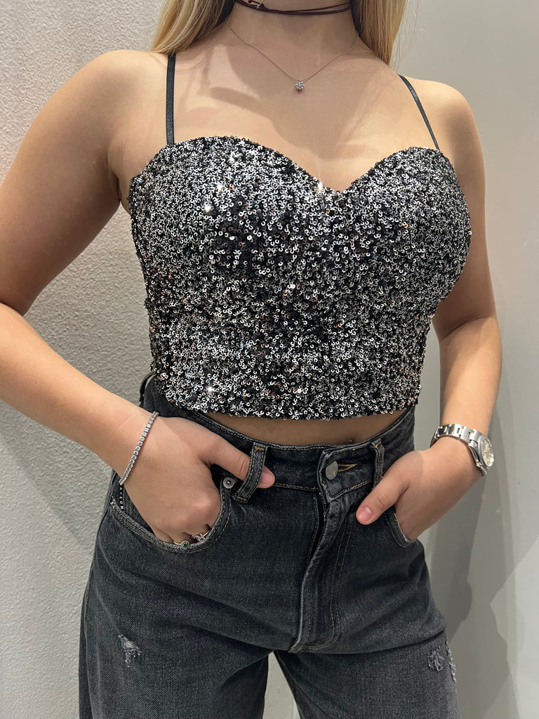 KONTATTO•Top bustino paillettes argento spallini regolabili
