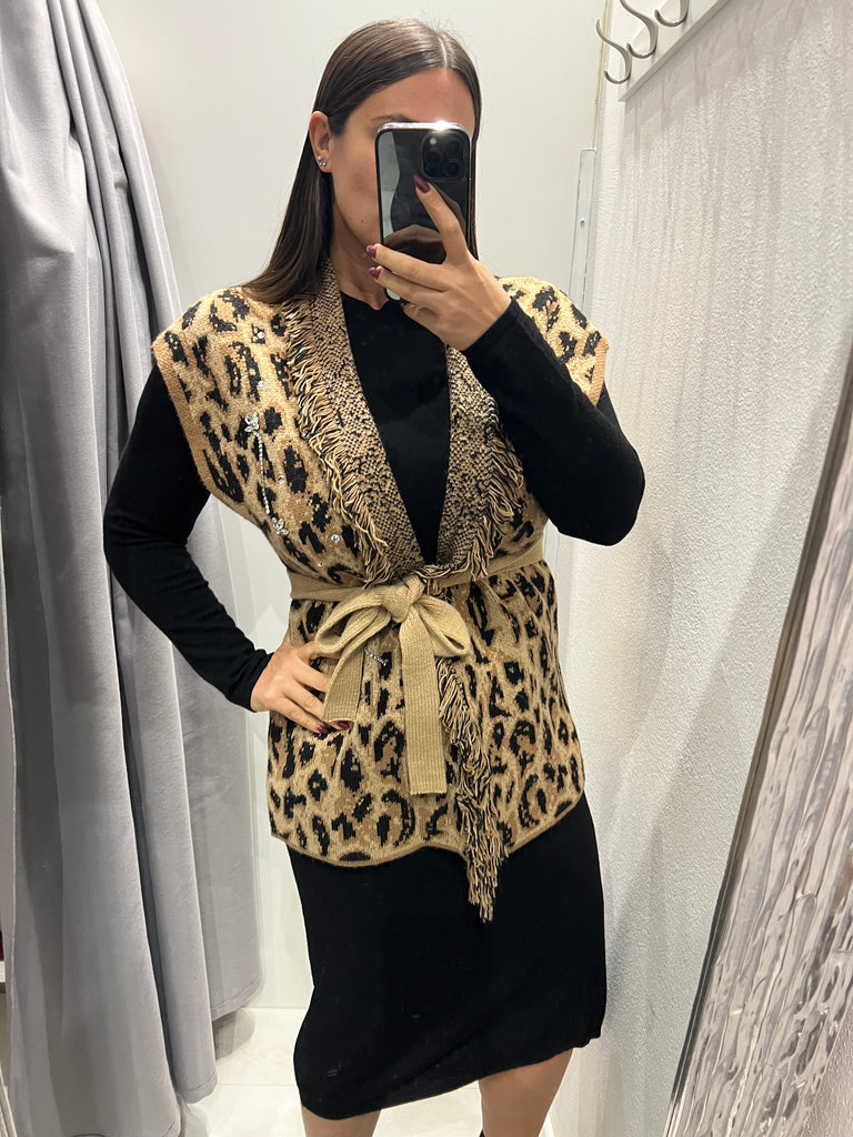 HaveOne•Cardigan smanicato maculato strass