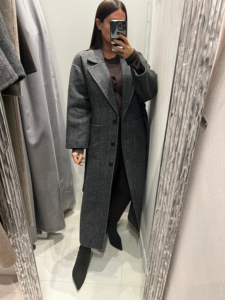 ViCOLO•Cappotto lana spigato cintura