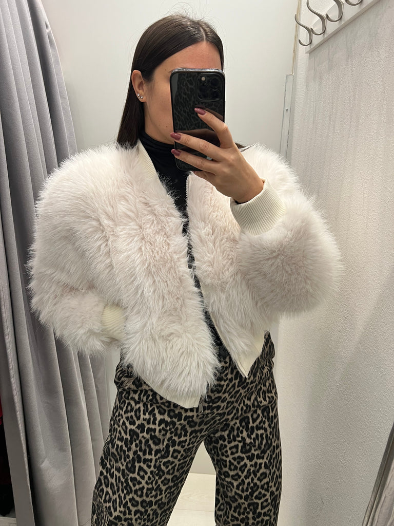 HaveOne•Bomber panna in ecopelliccia con zip