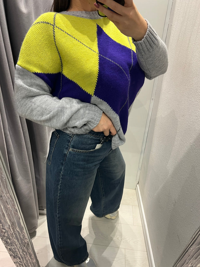 HaveOne•Maglione rombi grigio/viola/lime