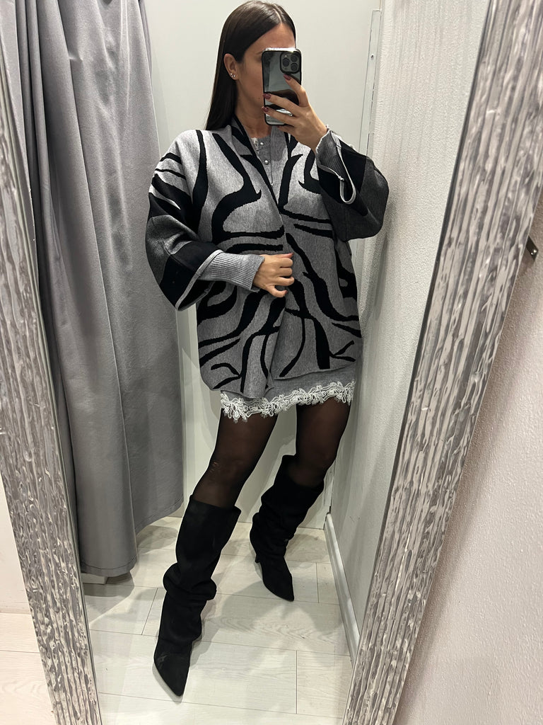 BLK30 Susy Star•Cardigan kimono stampa zebrata grigio/nero