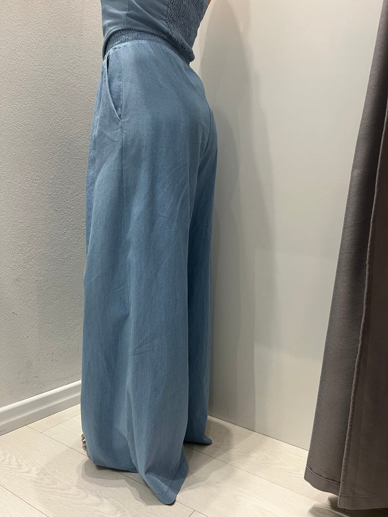 HaveOne•Pantalone palazzo pinces denim leggero