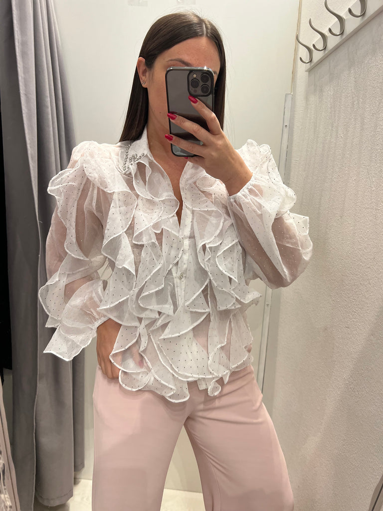CORSARO•Camicia volant con microstrass e bottoncini gioiello