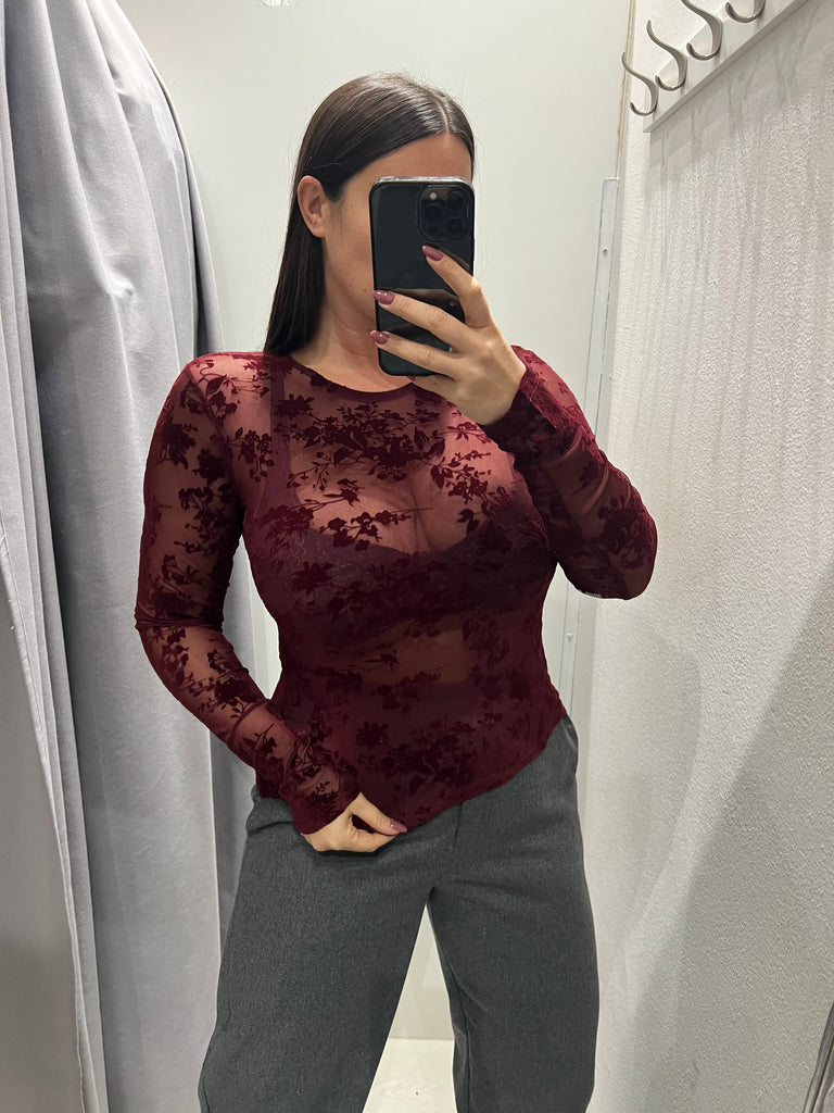 KONTATTO•Maglia tulle velluto Bordeaux