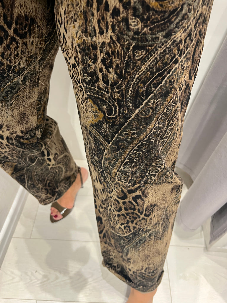 Souvenir•Pantalone in vellutino stampa cashmere e maculata