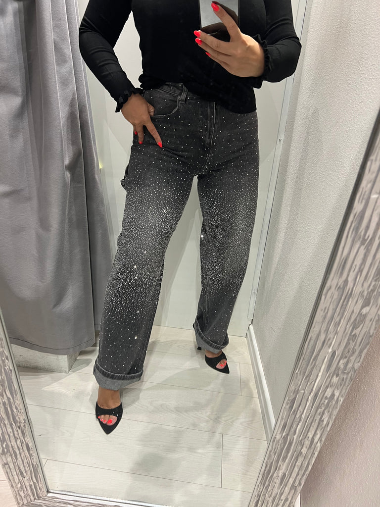 KONTATTO•Jeans worker nero slavato strass