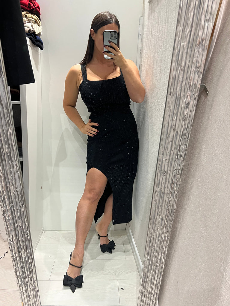 KONTATTO•Coordinato microstrass top scollo quadro e gonna spacco