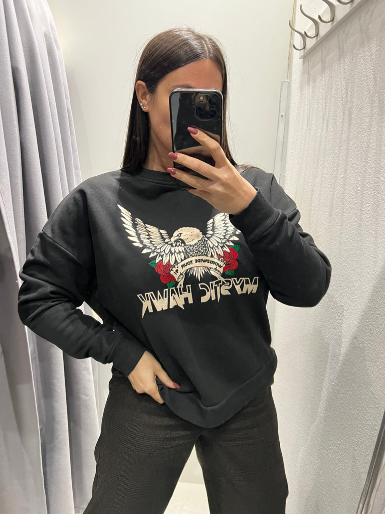 BLK30 HaveOne•Felpa garzata nera stampa aquila Mystic Hawk