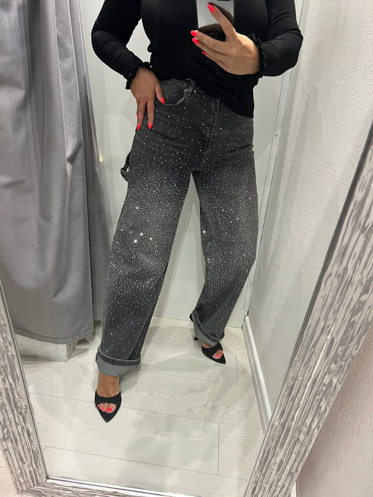 KONTATTO•Jeans worker nero slavato strass