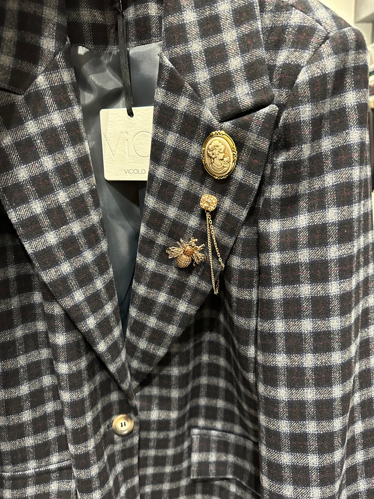 ViCOLO•Giacca con spille check blu riga bordeaux