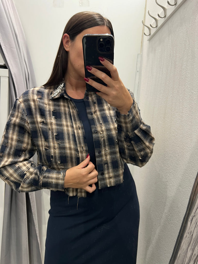 ViCOLO•Camicia crop flanella rotture e strass