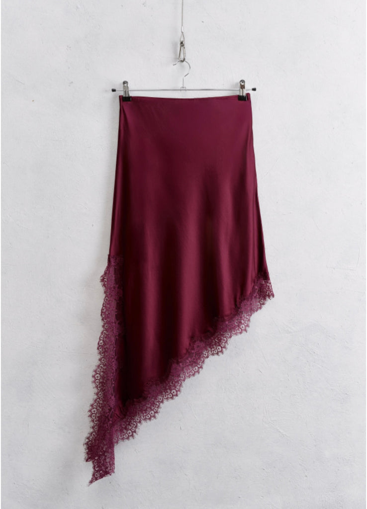 LUMINA•Gonna raso midi asimmetrica con pizzo•Bordeaux