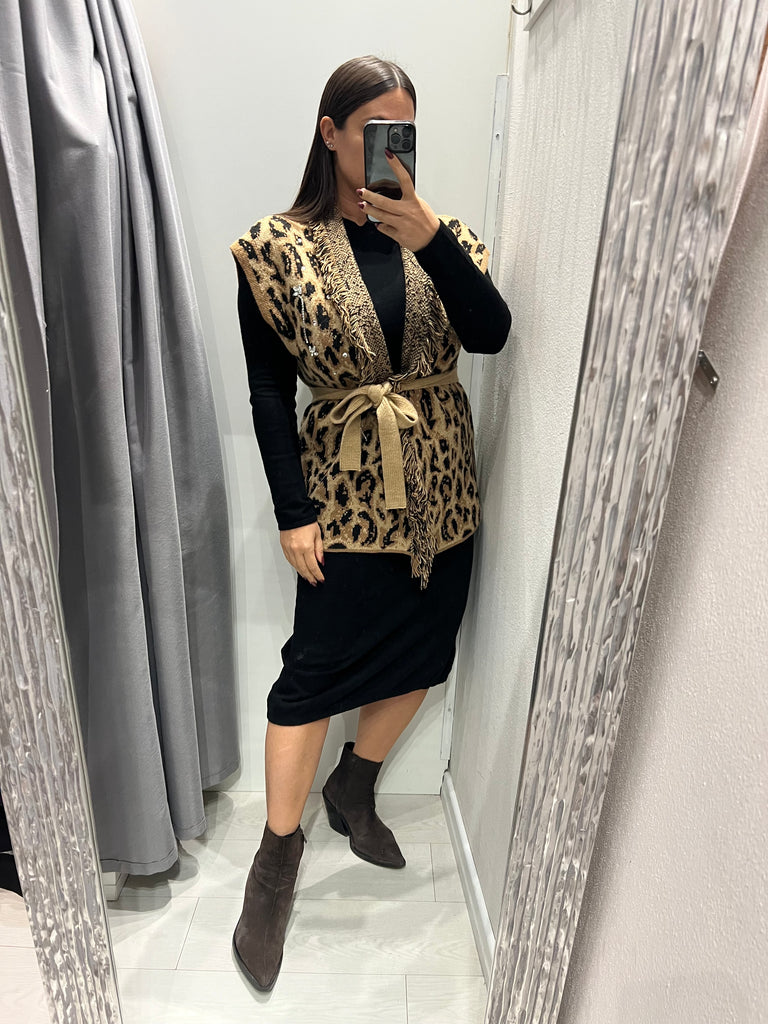 HaveOne•Cardigan smanicato maculato strass