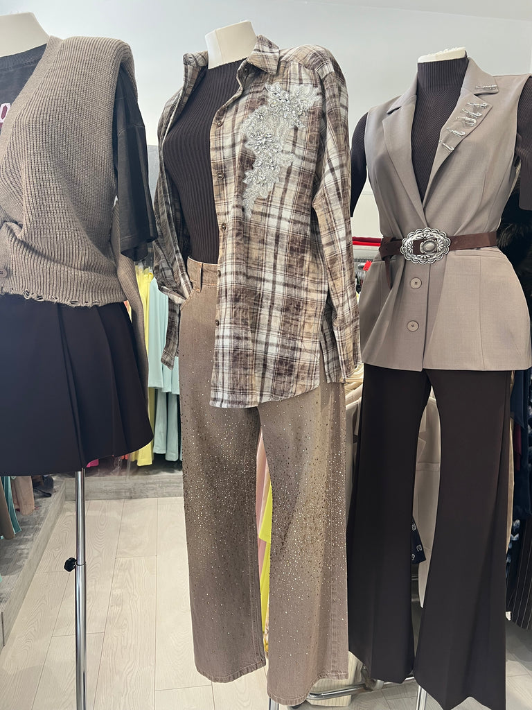 HaveOne•Camicia check in flanella beige/moro cabochon strass