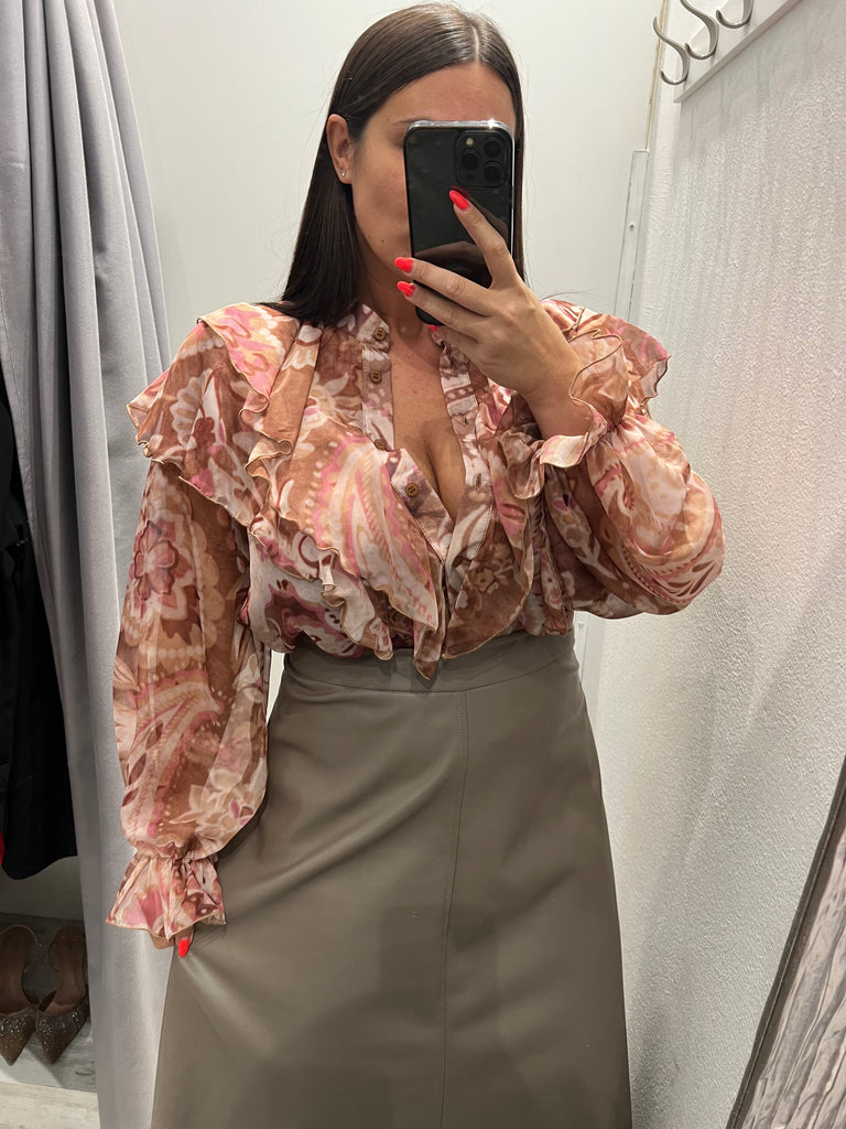 KONTATTO•Camicia rouches fantasia beige/malva