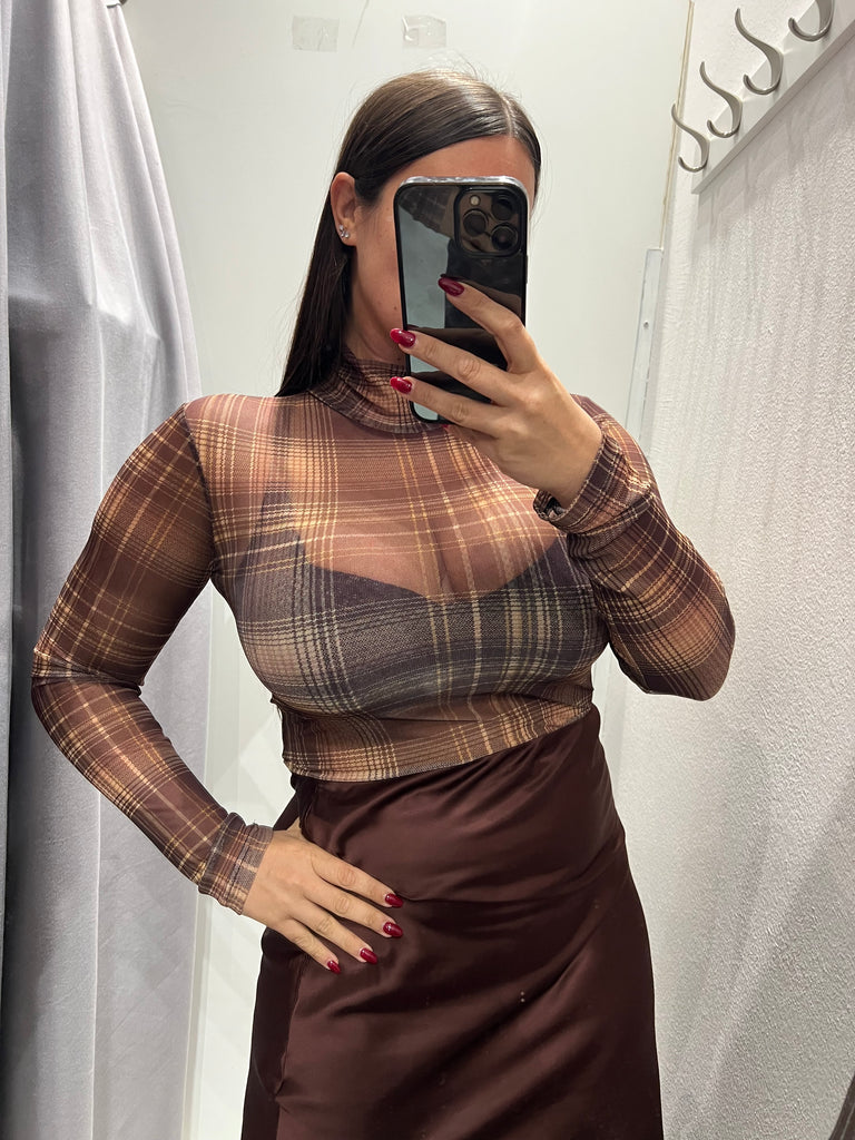 LUMINA•Maglia lupetto check mogano/ocra