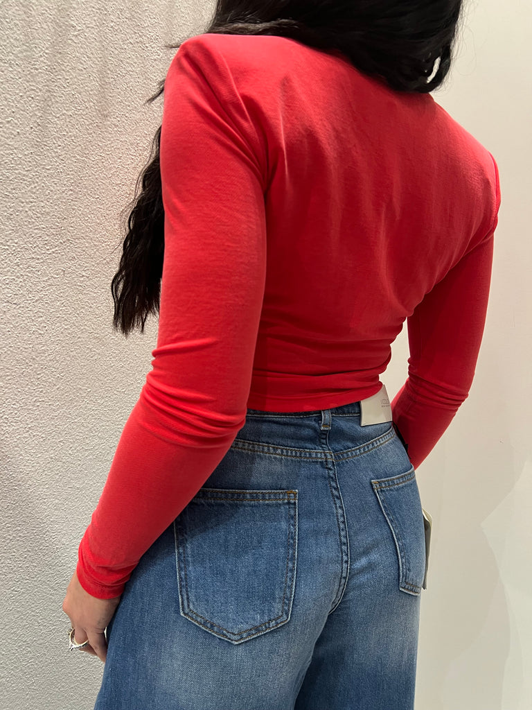 HaveOne•Maglia crop rosso corallo con anello piercing