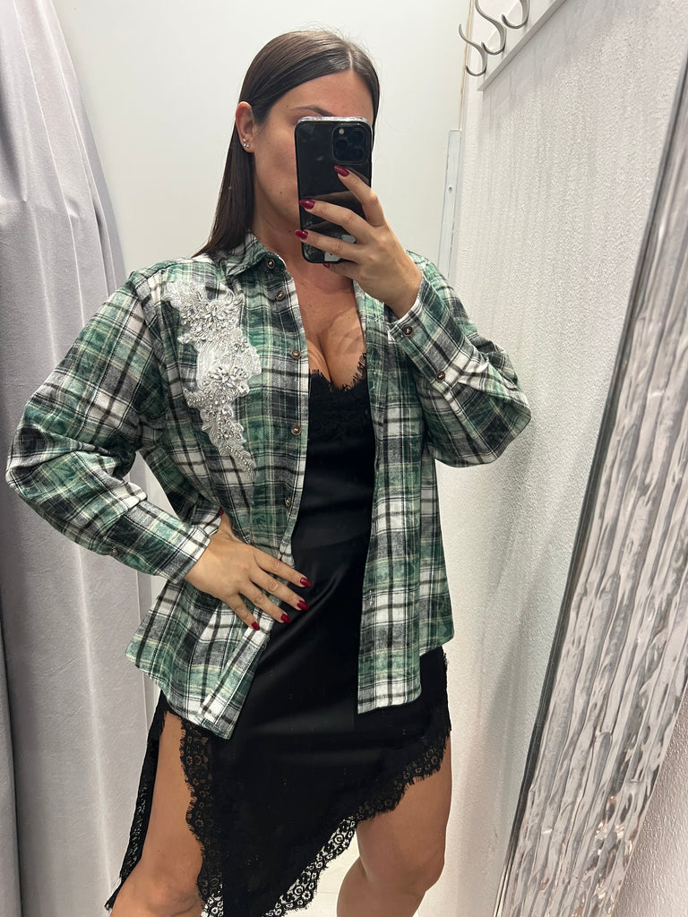 HaveOne•Camicia check in flanella verde cabochon strass