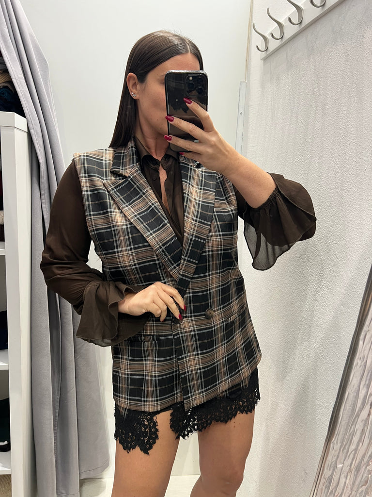 HaveOne•Gilet check nero/panna/castagna doppiopetto