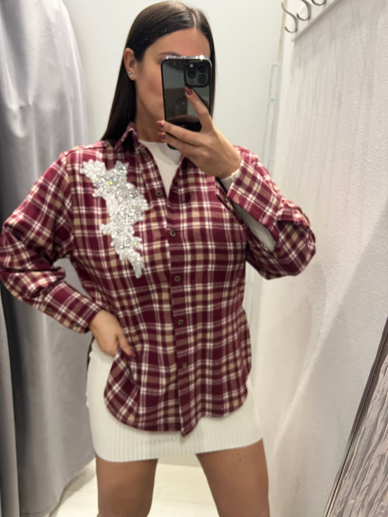 HaveOne•Camicia check in flanella bordeaux cabochon strass