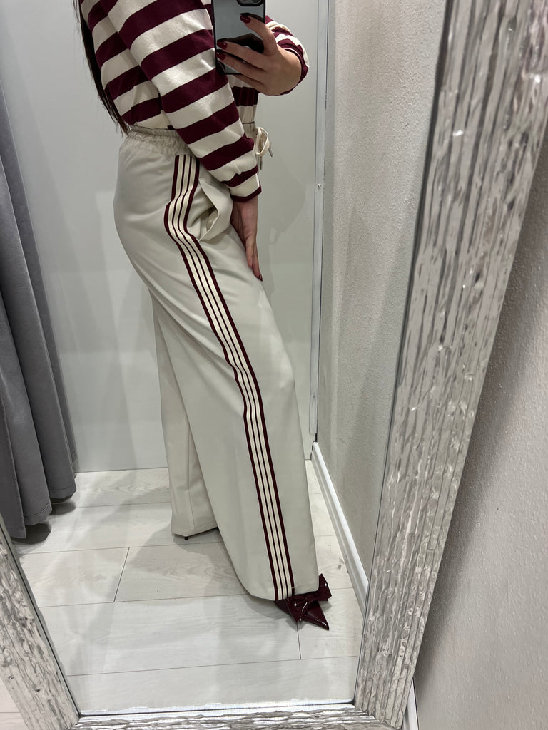 ViCOLO•Pantalone palazzo coulisse e banda panna/bordeaux