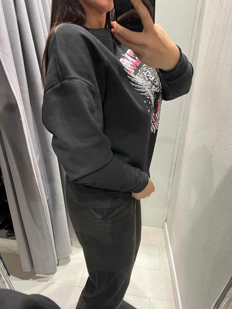 BLK30 HaveOne•Felpa garzata nera stampa leo Rock Roll