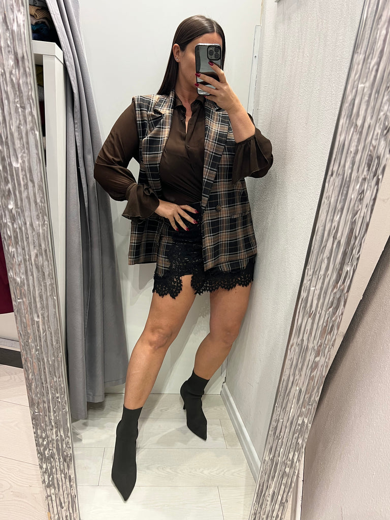 HaveOne•Gilet check nero/panna/castagna doppiopetto