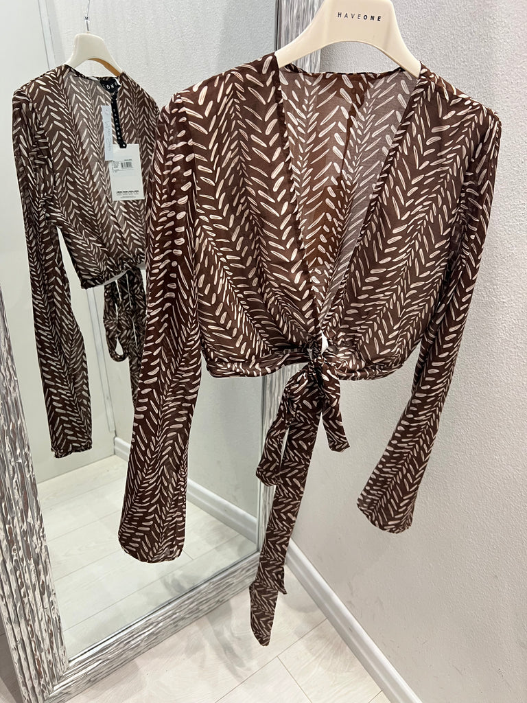 💥MSS💥HaveOne•Camicia crop nodo stampa foglioline