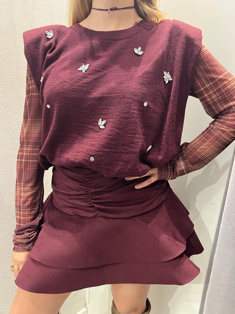 HaveOne•Gilet in maglia bordeaux con strass