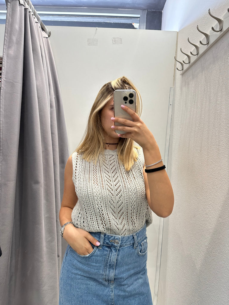 🚨HaveOne•Gilet canotta traforato grigio perla