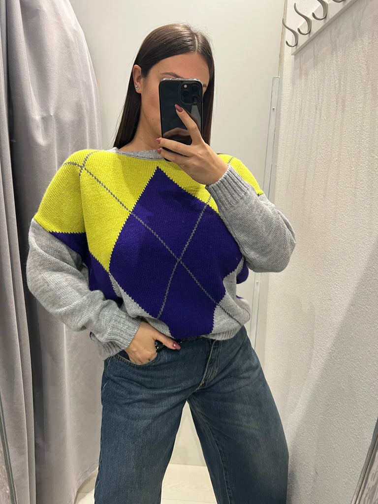 HaveOne•Maglione rombi grigio/viola/lime