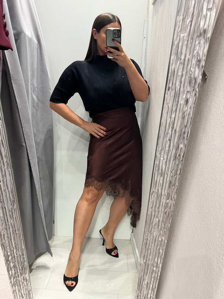 LUMINA•Gonna raso midi asimmetrica con pizzo•Moro