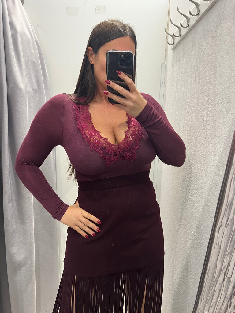 LUMINA•Body bordeaux cashmere touch scollo V pizzo