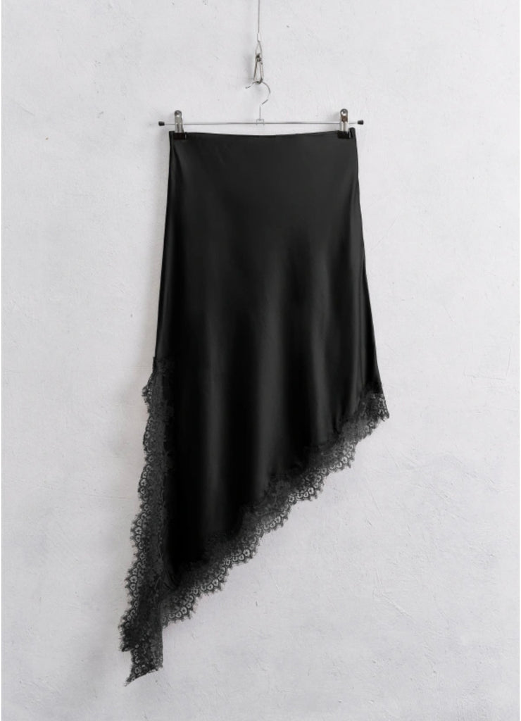 LUMINA•Gonna raso midi asimmetrica con pizzo•Nero