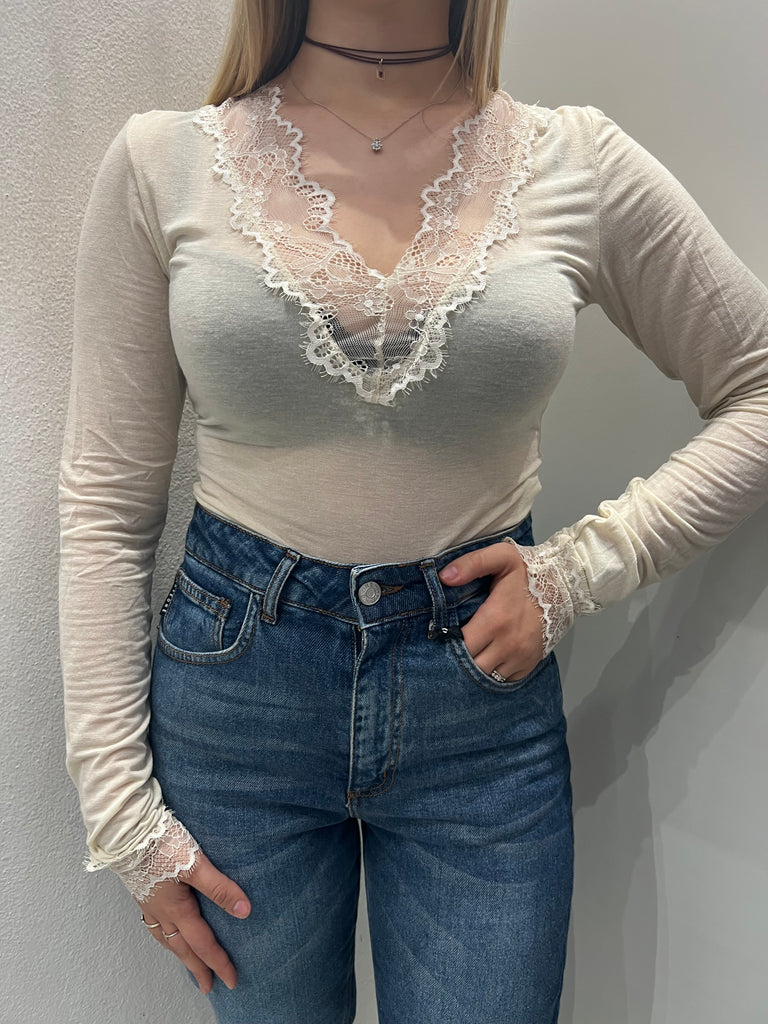 LUMINA•Maglia crema cashmere touch scollo V pizzo