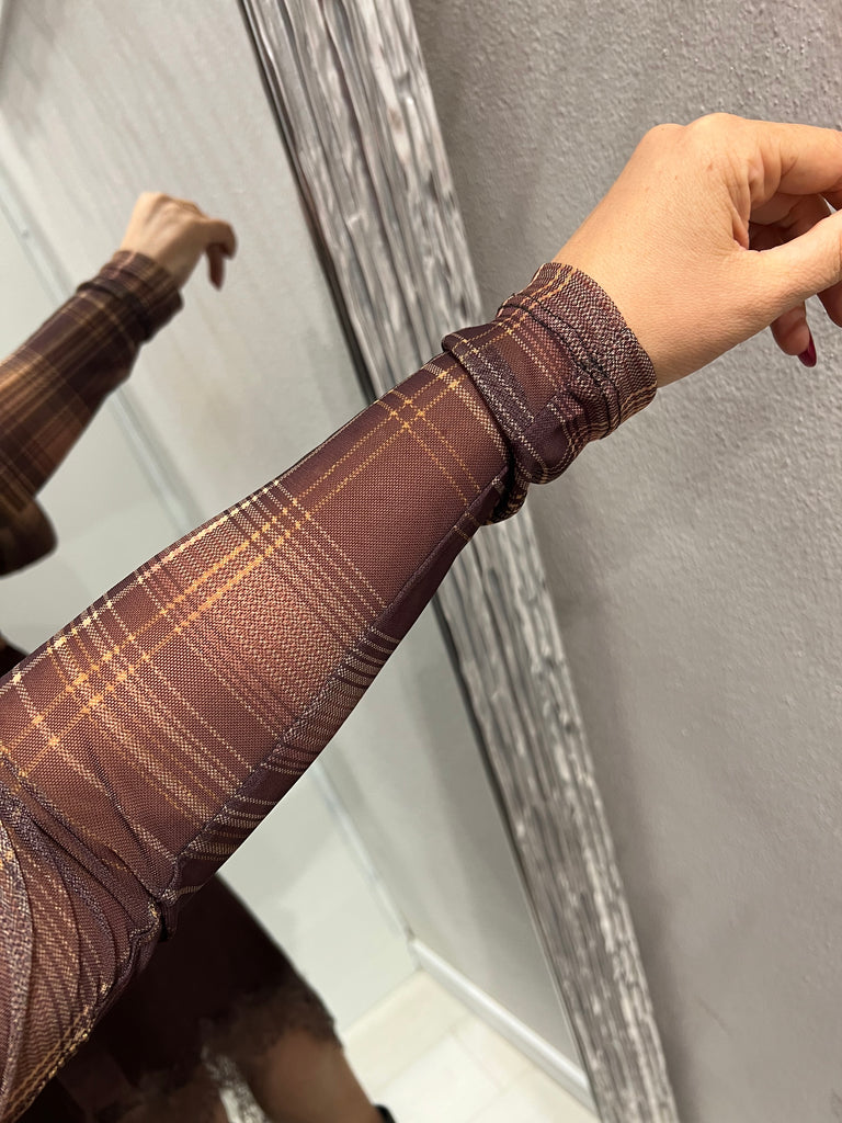 LUMINA•Maglia lupetto check mogano/ocra