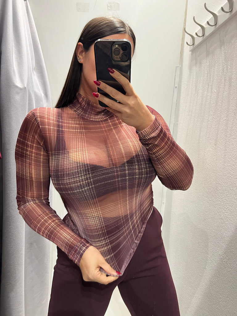 LUMINA•Maglia lupetto check bordeaux/zucca/beige