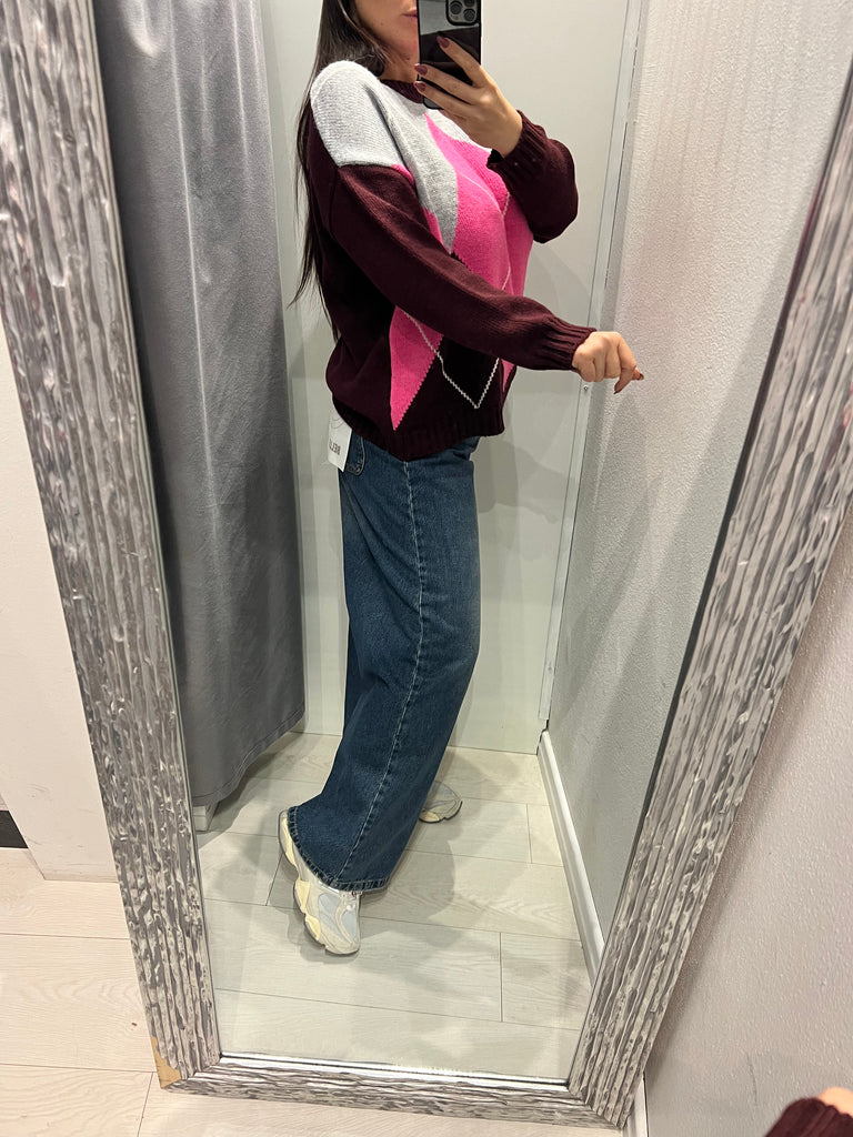 HaveOne•Maglione rombi bordeaux/fuxia fluo/grigio